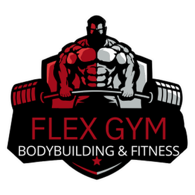 FLEX GYM - Heartbeat Fitness Repair Logo of Flex Gym featuring a muscular figure with weights, promoting bodybuilding and fitness.